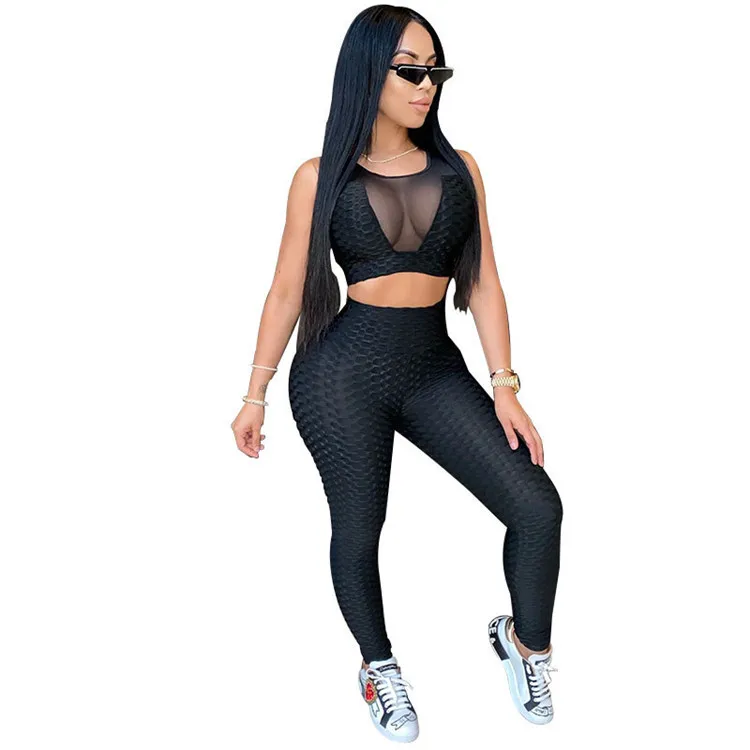 

Wholesale high quality new style plus size tight perspective sleeveless sexy two piece yoga sport set