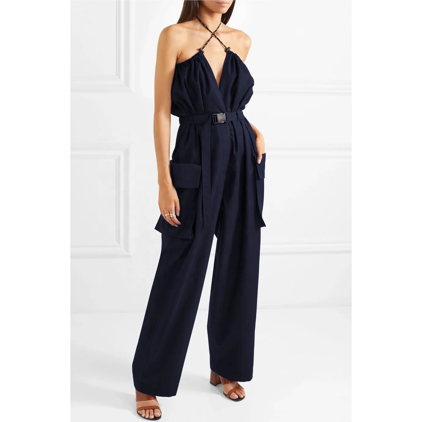 

2021 New Trousers With Big Pocket Belt Jumpsuit Sleeveless Loose Casual Women Summer Jumpsuits, Black