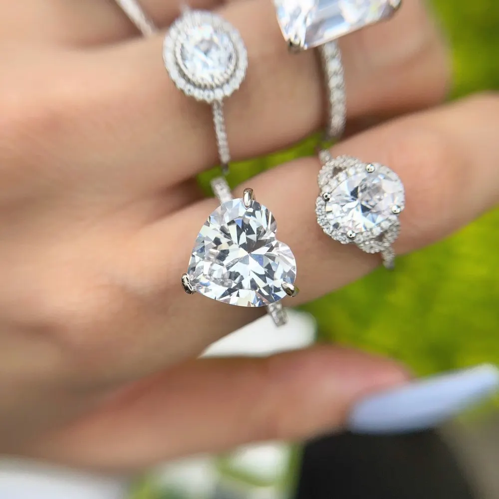 

8A cubic zirconia diamond crystal wedding engagement S925 sterling silver heart ring