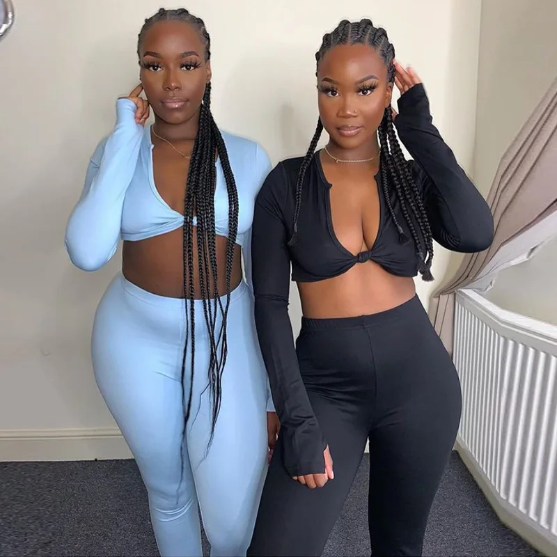 

9S4U Yoga Sports Long Sleeve Twist Crop Tops 2 Piece Pants Set Solid Color Skinny Outfits Women Sets Two Piece, Customized color
