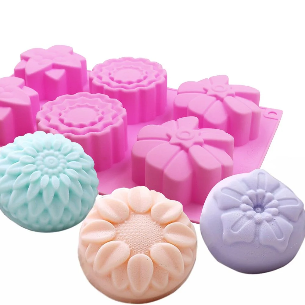 

6 Cavity Flower Shaped Food Grade Silicone Soap Mold Easy To Demould Soap Mold For Kitchen Cooking And Baking, Pink