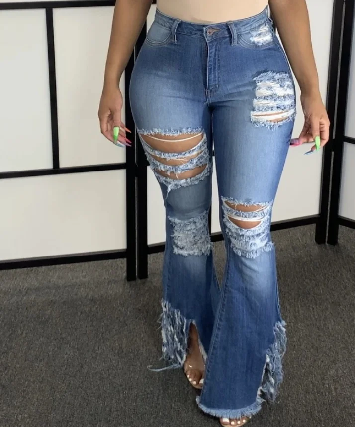 

new Ripped Flare Pants Women Stretchy Sexy Jeans Women Denim Pants Bell Bottom Vintage Skinny Jeans, As picture