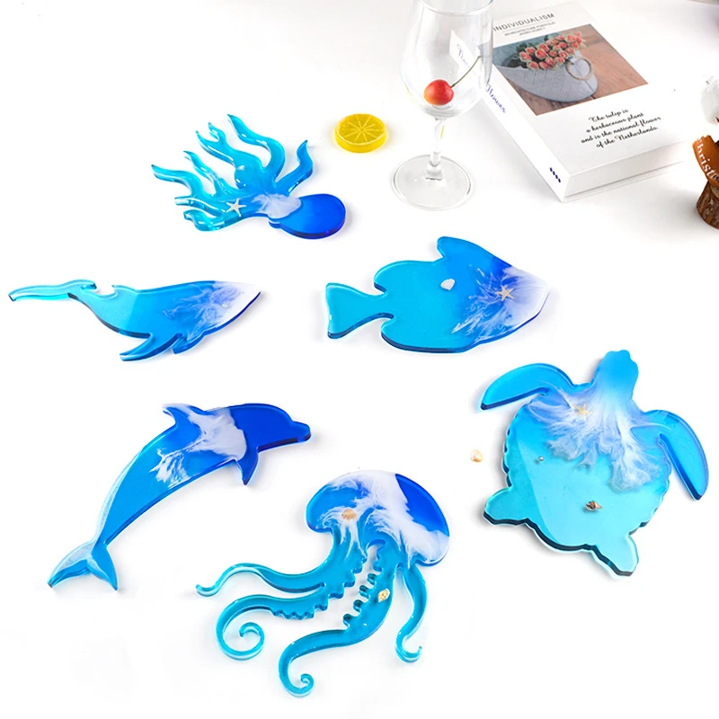 

L0070 Wholesale Hot Selling DIY Epoxy Resin Dolphin sea turtles octopus Marine Creature Combination Silicone Coaster Molds