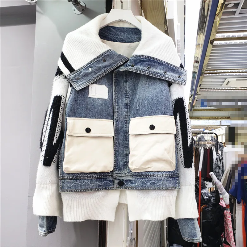 

2021 autumn new style fashion stitching knitted shawl big pocket short denim jacket cowboy cool girl coat, Picture color