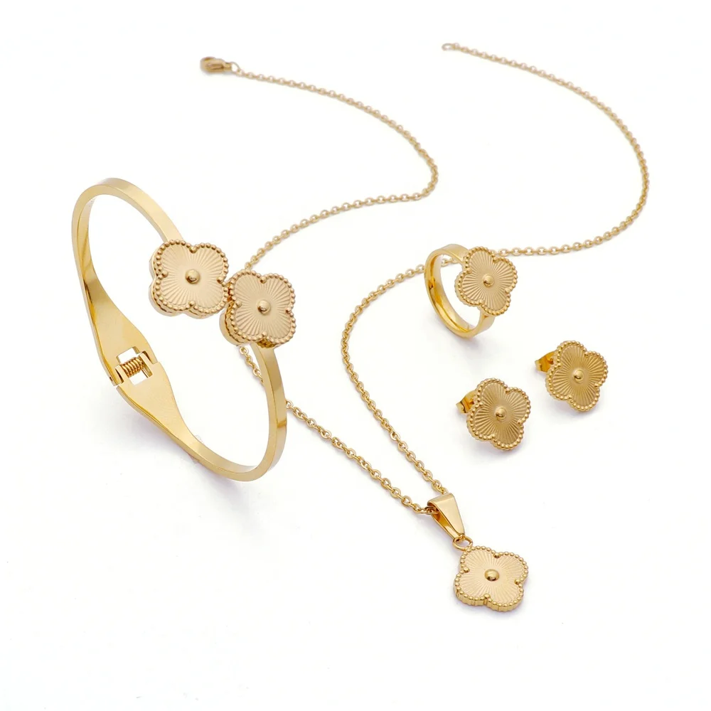 

Four Leaf Jewelry Set Ladies Fashion Necklace Design Women Gold Plated Ladies Stone Stainless Steel Jewelry