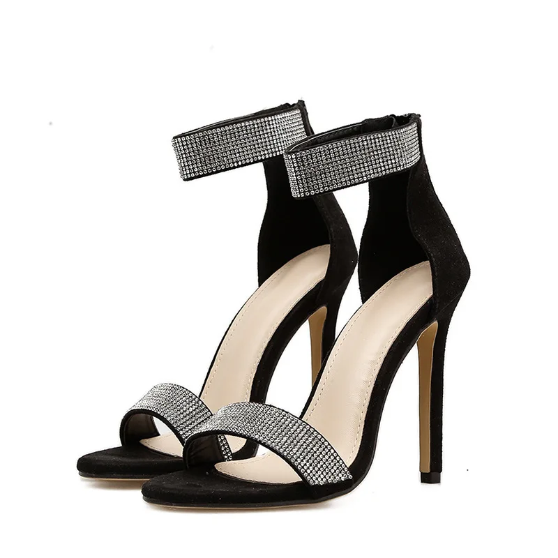 

2021 Fashion New Shinning Diamond Shoes Sandals Ankle Strap Rhinestone High Heel Sandals for Women and Ladies OEM custom, Black & apricot