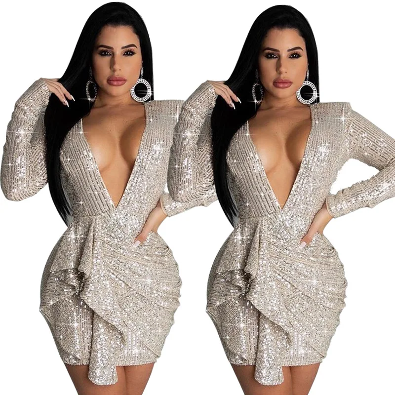 

Free Shipping Deep V Neck Ruffles Full Diamons Shinning Bodycon Long Sleeve Sequin Sexy Night Evening Dress, Champagne