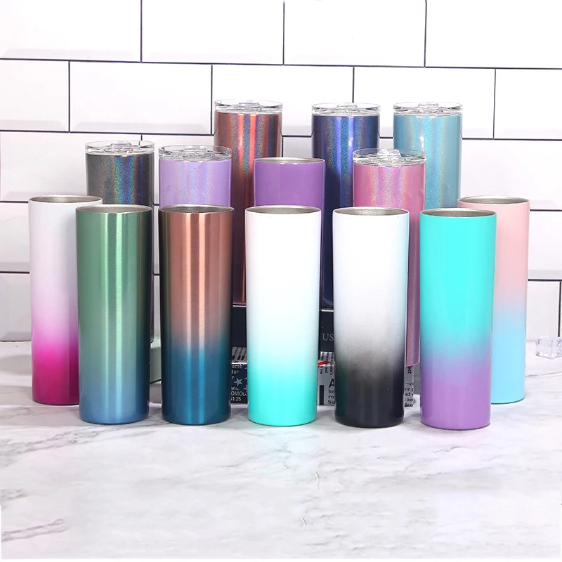 

Gradient glitter 20 oz insulated coffee tumbler cups wholesale 20oz skinny double walled stainless steel tumbler with straw, Multi colors