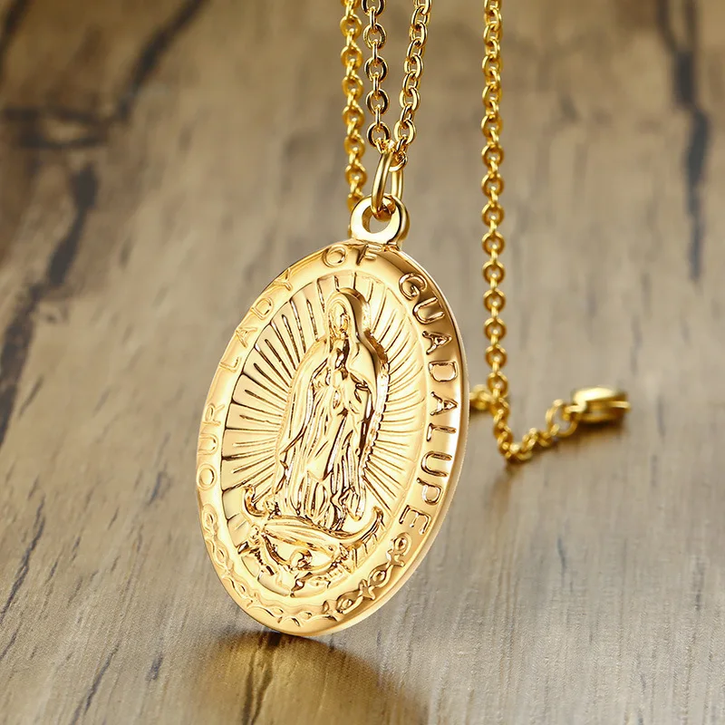 

Gold Plated Virgin Mary Cross Pendant Necklace for Women Girls CZ Vintage Catholic Religious Christian Jewelry, Picture