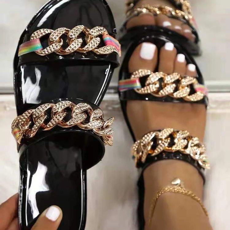 

Slippers2021 new European and American open toe chain flat sandals and slippers women wish large size women's shoes, Black
