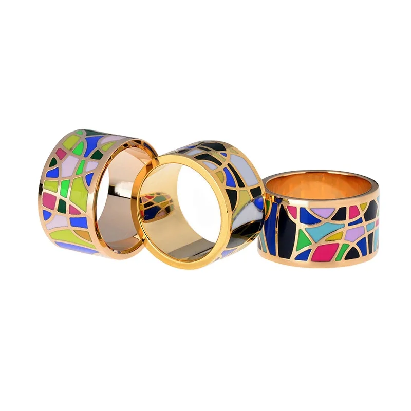 

Fashion Jewelry Stainless Steel Ring For Sale Design Colorful Enamel Mosaic Ring Women