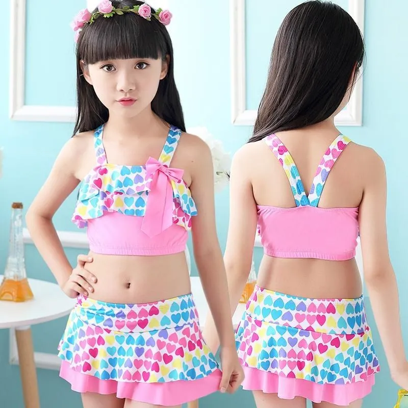 

Baby Girls Animal Love Swimwear Pink Beach Skirt Cute Love Two Pieces Swim Suits + Hat For Kids Swimming Clothes, Can be customized