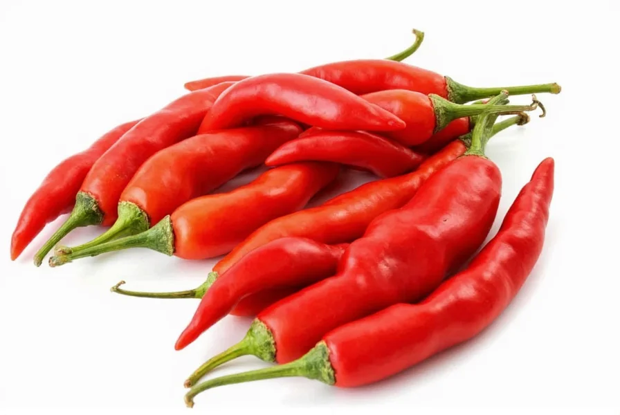 Close-up view of fresh cayenne pepper chillies growing on plant with soil, sunlight, and green leaves