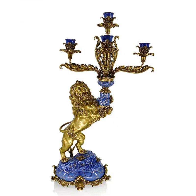 

High Luxury Royal European Style Lion candle holder Blue Porcelain Based Gilt Brass ceramic candle stick holder XYZT0039