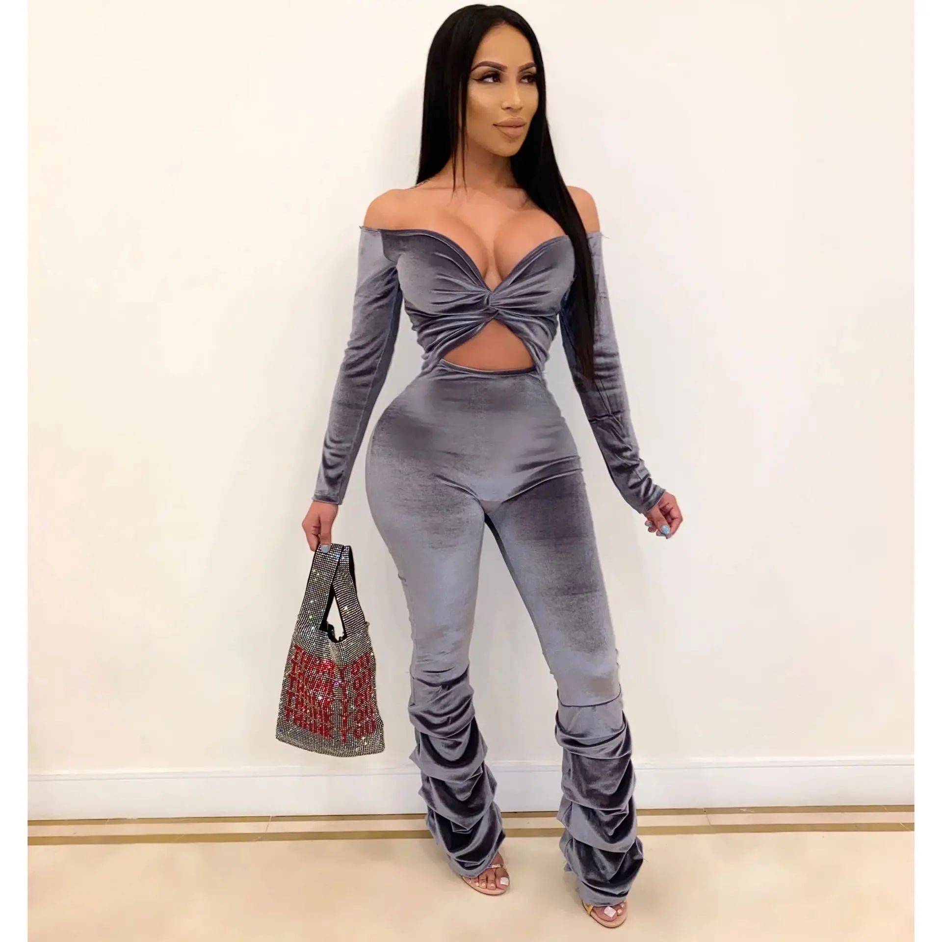 

X00600M Wanzi Sexy slim One shoulder breast one-piece Fashion casual personality pleated pendulum jumpsuit