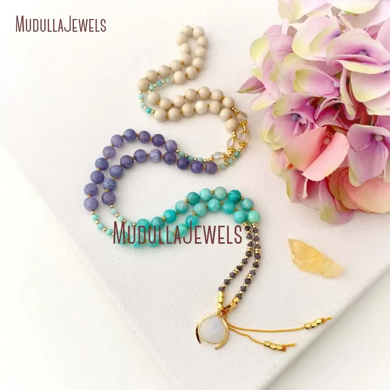 

MN34526 Warrior Goddess Mala Necklace Tanzanite Amazonite Riverstone Moonstone Guru Crystal 108 Mala Prayer Beads Yoga Gift For