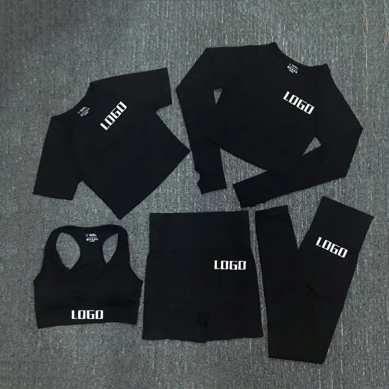 

5 Pcs Yoga Set Active Fitness Suit Workout Sport Wear Gym Clothing Short Long Sleeve Crop Top Seamless 5 Piece Women Sportswear, Multicolor optional