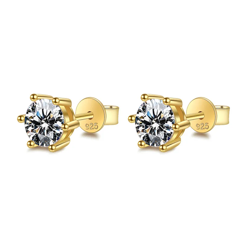 S925 Sterling Silver Plated Gold Classic 1 Carat D Moissanite Six-Claw Earrings for Women Moissanite Jewelry