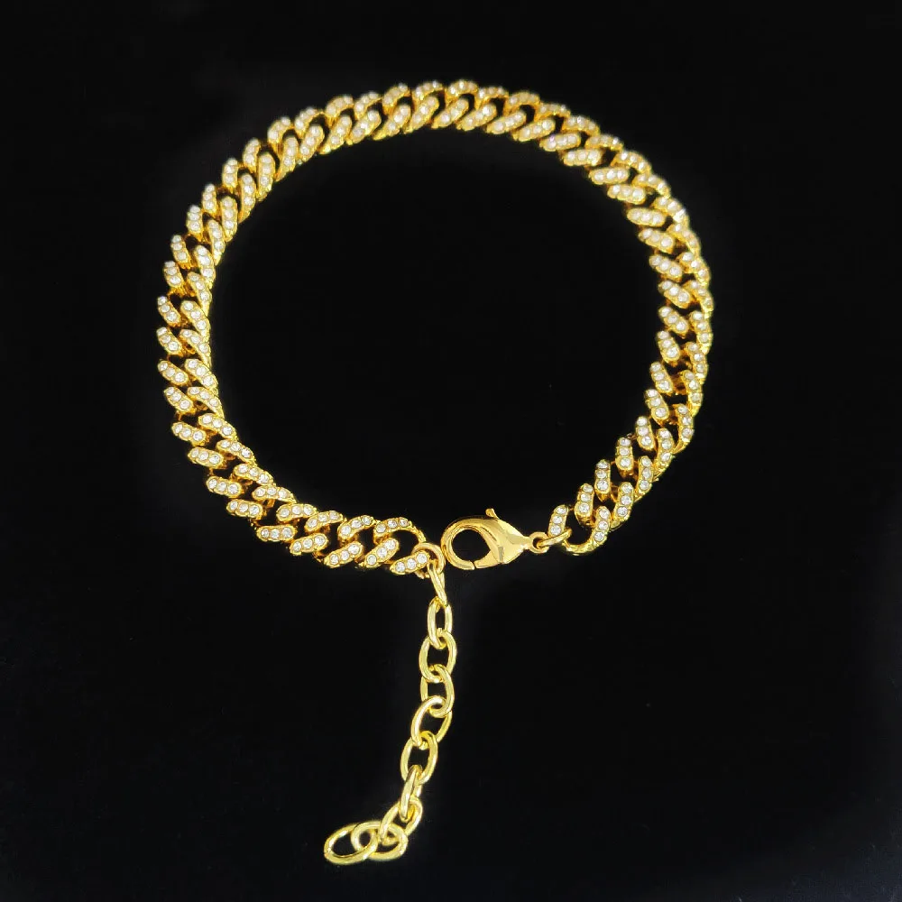 

Wholesale European Hips Hop Adjustable 18k Gold Plated Crystal Chunky Chain Anklets Shiny Rhinestone Cuban Link Anklet Bracelet