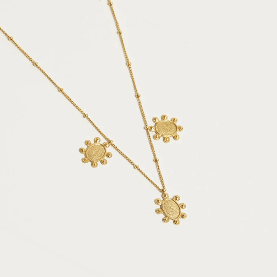 

fashion jewelry 18K gold plated three sun coins beaded chain necklace for women 925 sterling silver flower charm necklace