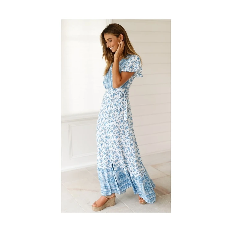 

Ladies Printed Pattern Dress V-neck High Waist Split Short Sleeve Ethnic Long Skirt