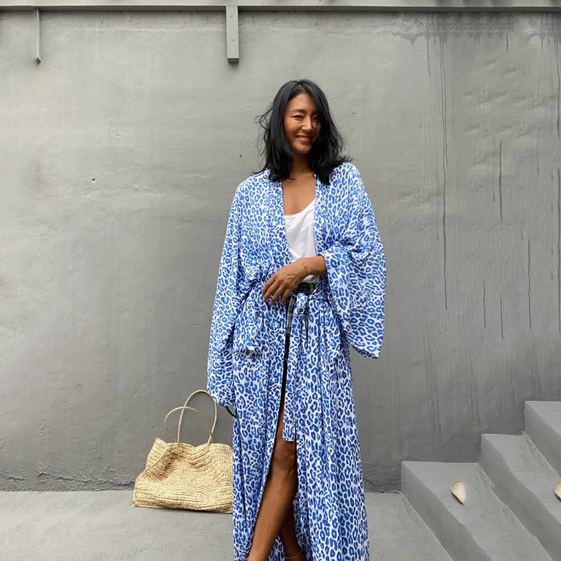

cotton blue leopard printing collarless long sleeve robe dress loose maxi dress boho beach dress sheer cardigan for women