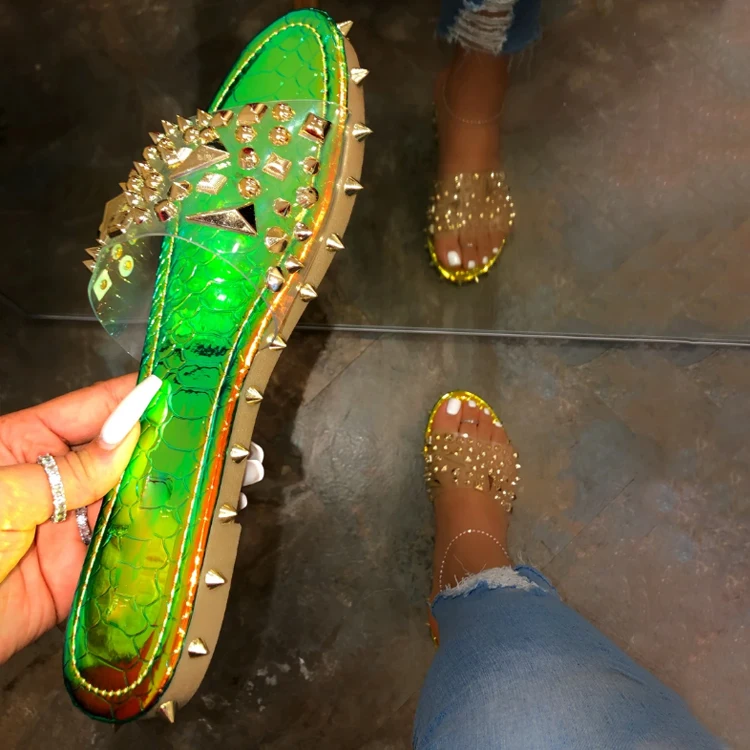 

2021 Newest Fashion Slides Summer Rivet Slippers Shoes Flip Flops Slide Sandals for woman and ladies with daily life, Green