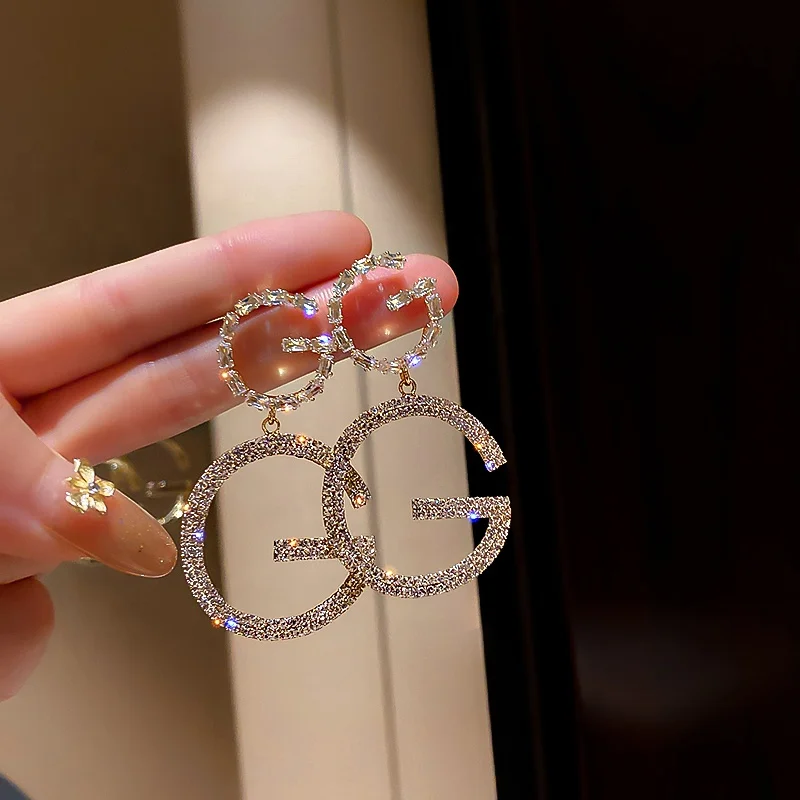 

Kaimei Letter earrings 2021 new trendy Korean temperament full diamond high-end earrings design GG inspired earrings women, Many colors fyi