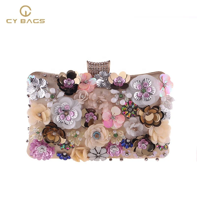 

Women Clutches Colorful Flower Evening Bag Sequins Satin party Clutch floral bridal wedding purses, Champagne