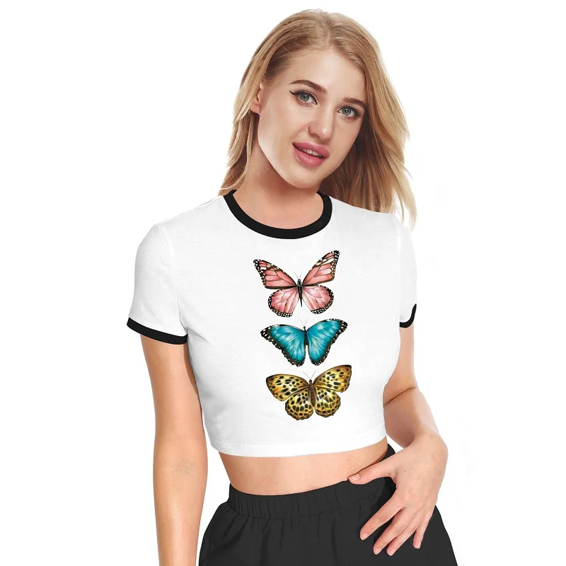 

woman tops fashionable Butterfly printing womens round neck short sleeve T-shirt slim and navel revealing top T shirts for women, Solid color