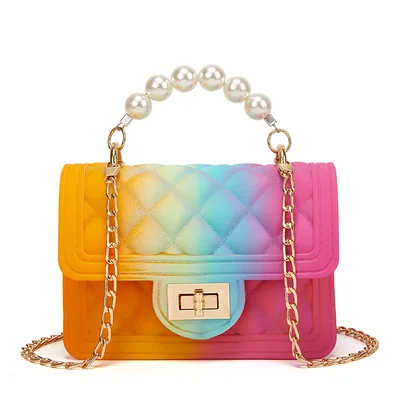 

2021 spring and summer new pvc chain diamond rainbow one-shoulder diagonal female bag mini pearl portable jelly bag, Multiple colour