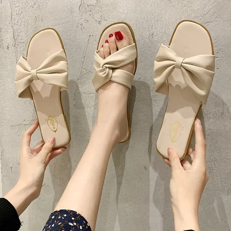 

Wholesale Summer Popular Women Slide Sandal With Bow Decoration Ladies Slipper Printed Flat Slides For Girl, Existing style or customized