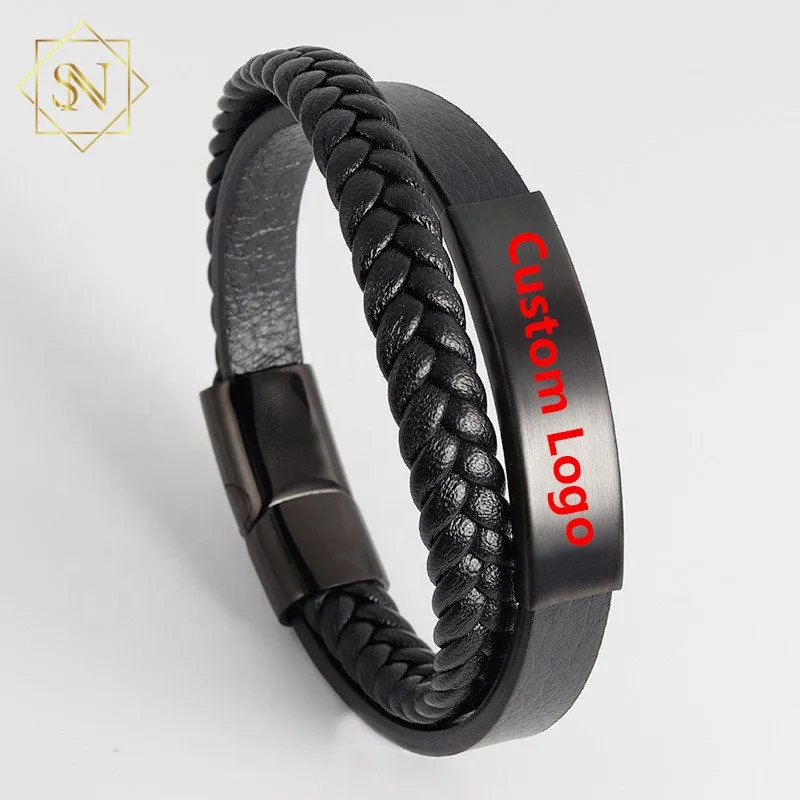 

2021 New product European and American punk rock style retro double simple men's titanium steel leather bracelet, As the pictures