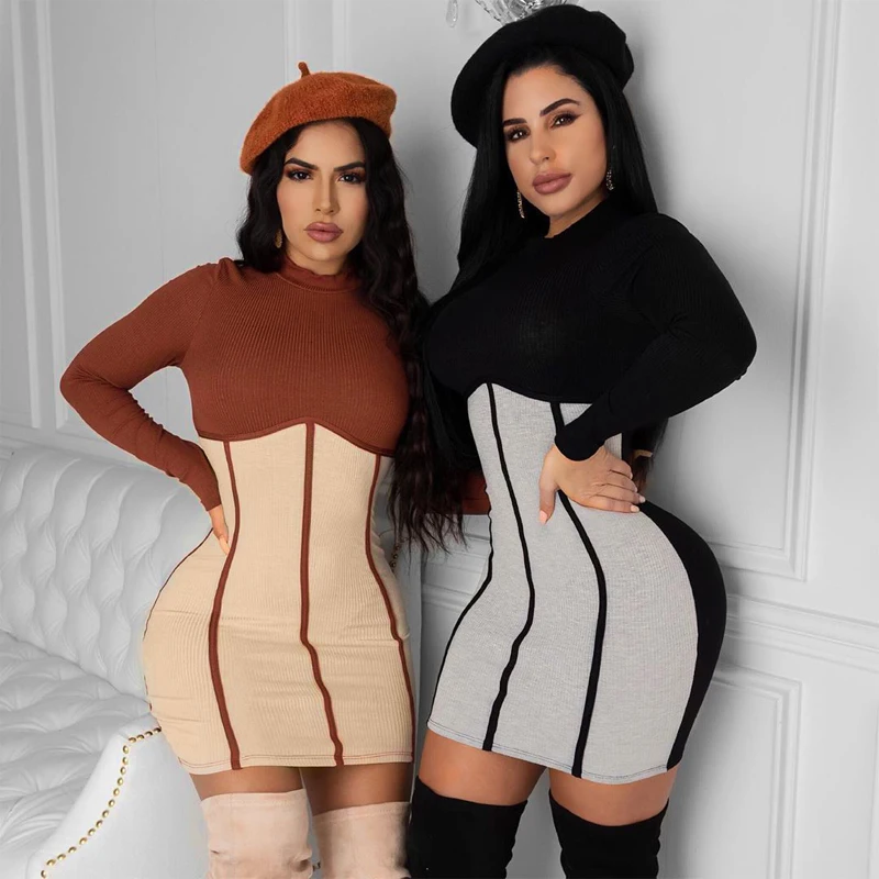 

Rib Knit Color Block 2020 Autumn Winter Ladies Fashion Clothing High Quality Women Long Sleeve Bodycon Mini Dress, Customized color