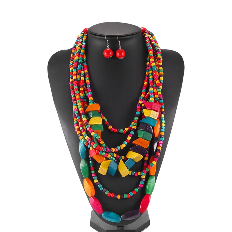 

Bohemian Ethnic Style Tassel Necklace Set, Color Wooden Necklace, African Style Necklace Sweater Chain, Picture shows