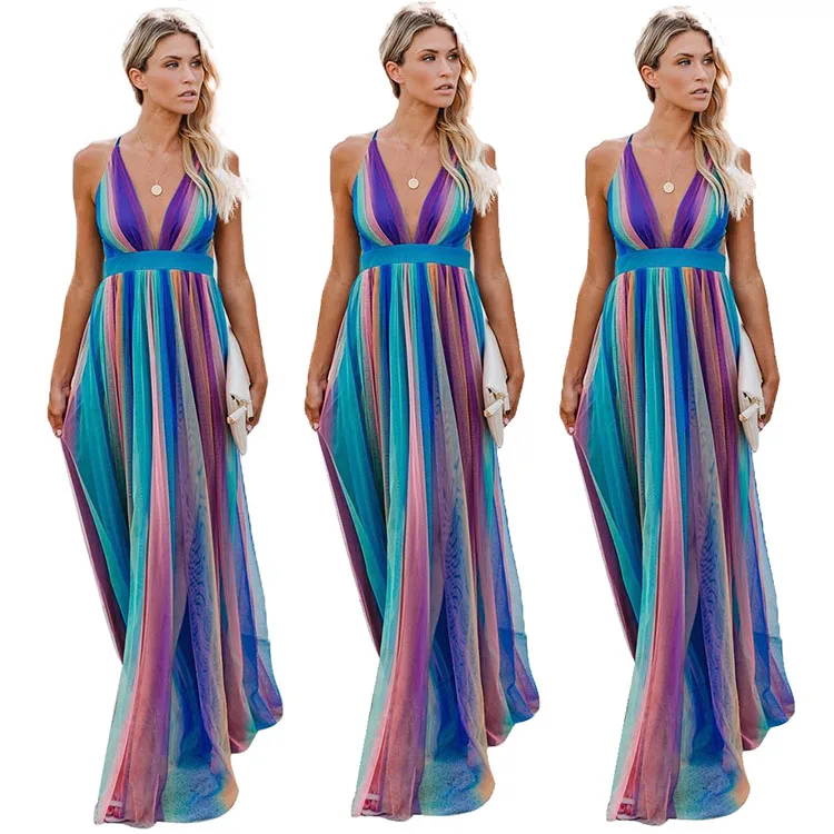 

Backless see through striped chiffon long dress for women