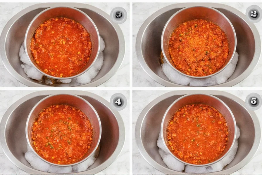 Step-by-step process of cooling chili in a metal bowl placed in ice bath for proper temperature reduction before freezing