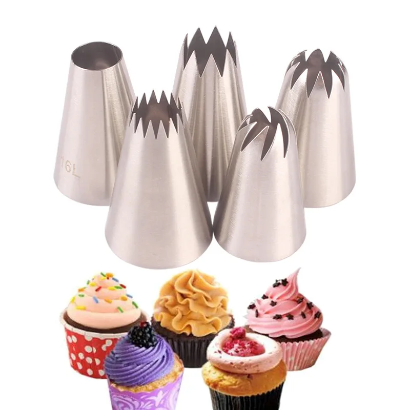 

Large Decorating Tip Set 5PCS Biscuit Cookies Butter Baking Cake Tool Stainless Steel, As picture