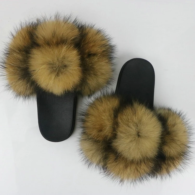 

New design fluffy genuine raccoon fur sandals fur slides ball slippers for women