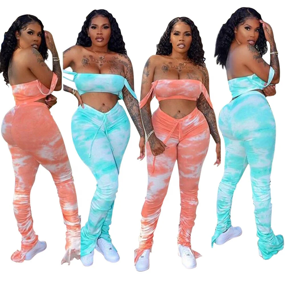 

B52938A Euro-America women sexy two-piece tie-dye pleated pants set, Blue/red