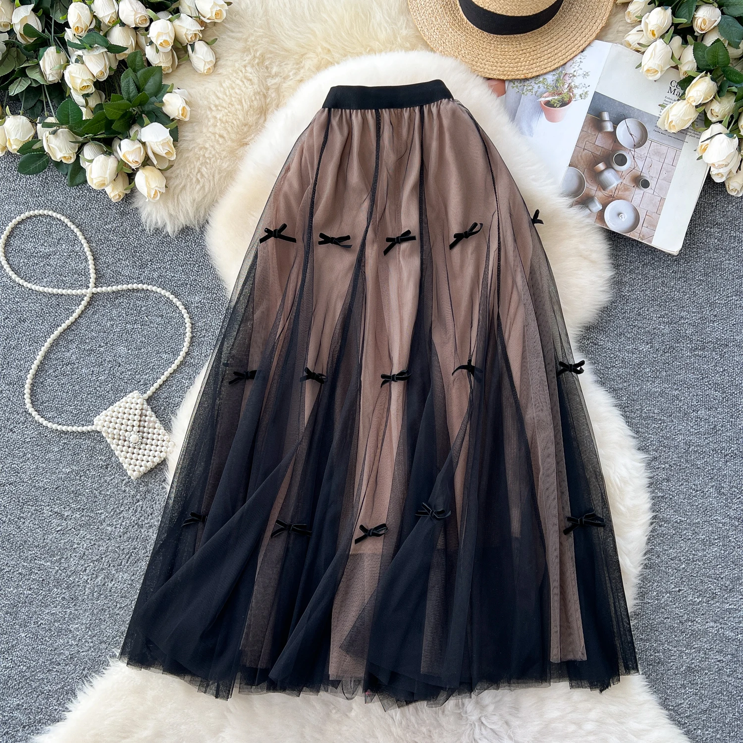 Boutique Wholesale 2026 Autumn New Fashionable and Versatile Slimming Bow Bow Mid Long Mesh Women's Half Skirt