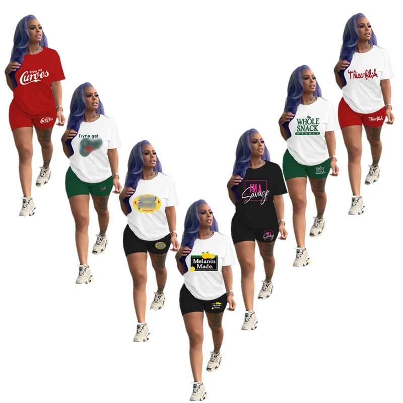 

Custom print tracksuit set Women Outfits Short Sleeve Biker Shorts Sets T Shirts and Tops High Waist Shorts Pants two piece sets, 14 colors