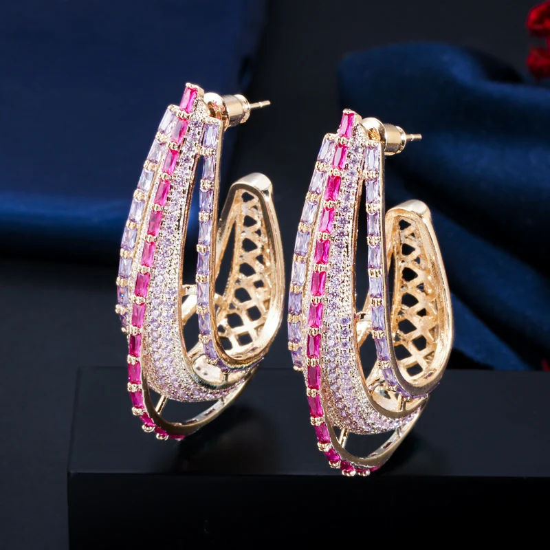 

Luxury Chunky Round Circle Purple Pink Cubic Zirconia Crystal Long Big Statement Hoop Earrings for Women Gold Plated Jewelry