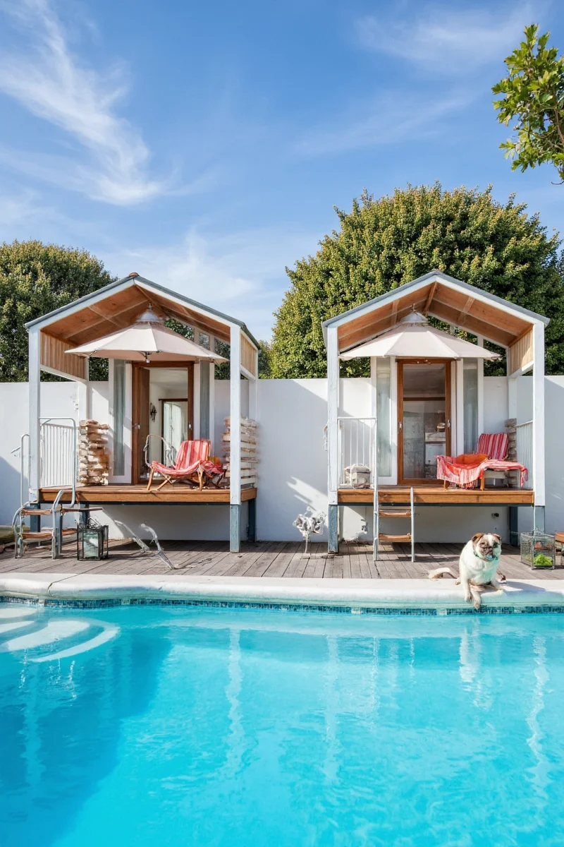 Side view of a pool house showing a built-in ramp leading out of the pool for pets.