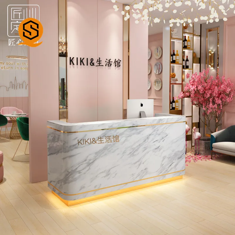 Custom Logo Pink Hotel Reception Desks Shop Commercial White Retail