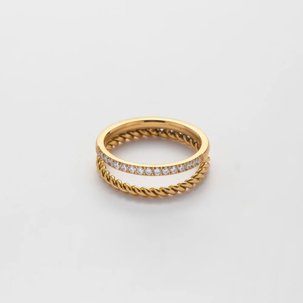 2024 New Vintage Trendy Waterproof Jewelry 18k PVD Gold Plated Stainless Steel Palace Double Layer Twist 5A Zircon Ring YF3428