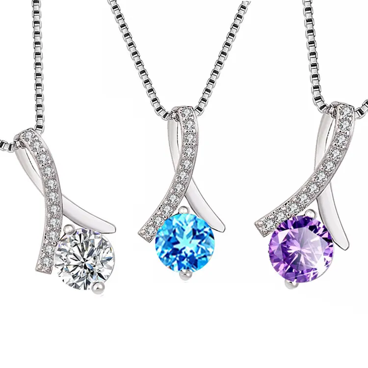 

SC Hot Selling Shiny Zircon Wedding Necklace Daughter Necklace Gifts Dainty Silver Plated Box Chain Heart Diamond Necklace Women, Silver, purple, blue