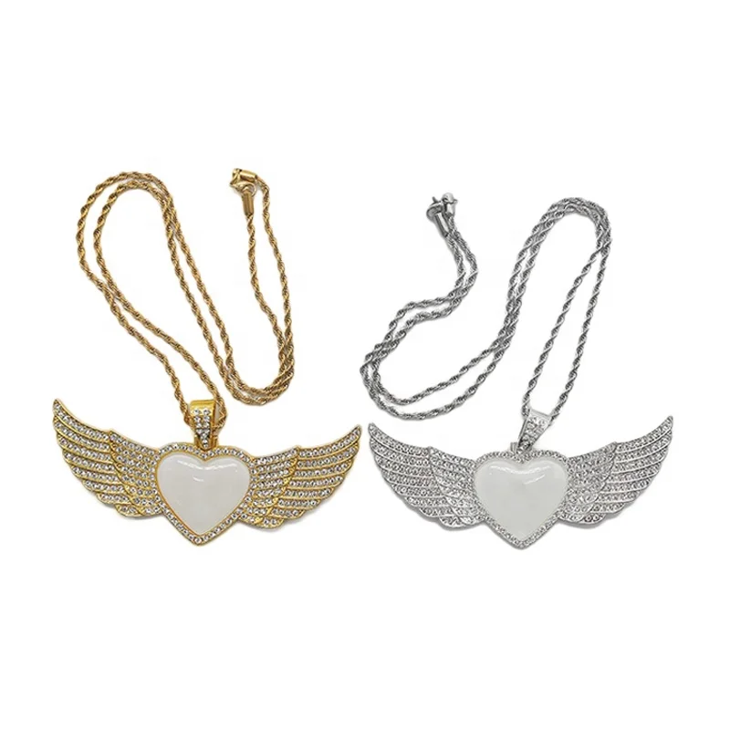 

Father's Day Gift New Fashionable High Quality Sublimation Angle Heart Shape Wing Necklace, Silver /gold