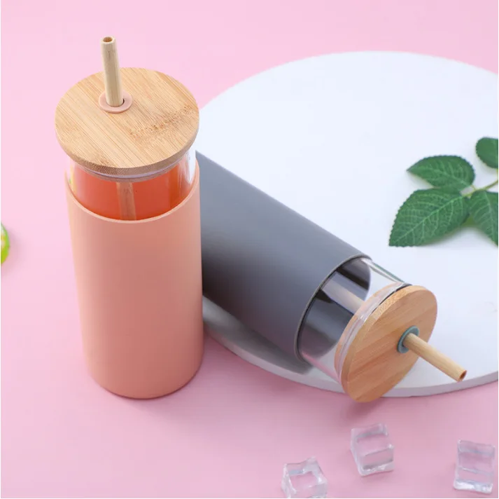 

Eco Friendly Drinking Glass Bottle With Bamboo Lids Unbreakable Glass Water Bottle With Silicone Sleeve