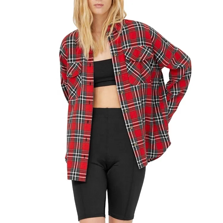

Wholesale Custom Logo Unisex Button up Mens Cotton Flannel Shirts Red Plus Size Oversized Women Plaid Shirts with Pockets 3XL, Customized color